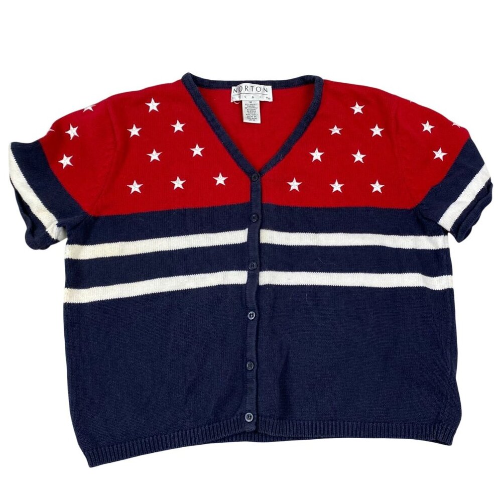 Norton Studio Cardigan Medium Red White & Blue With Stars & Stripes - Button Fro